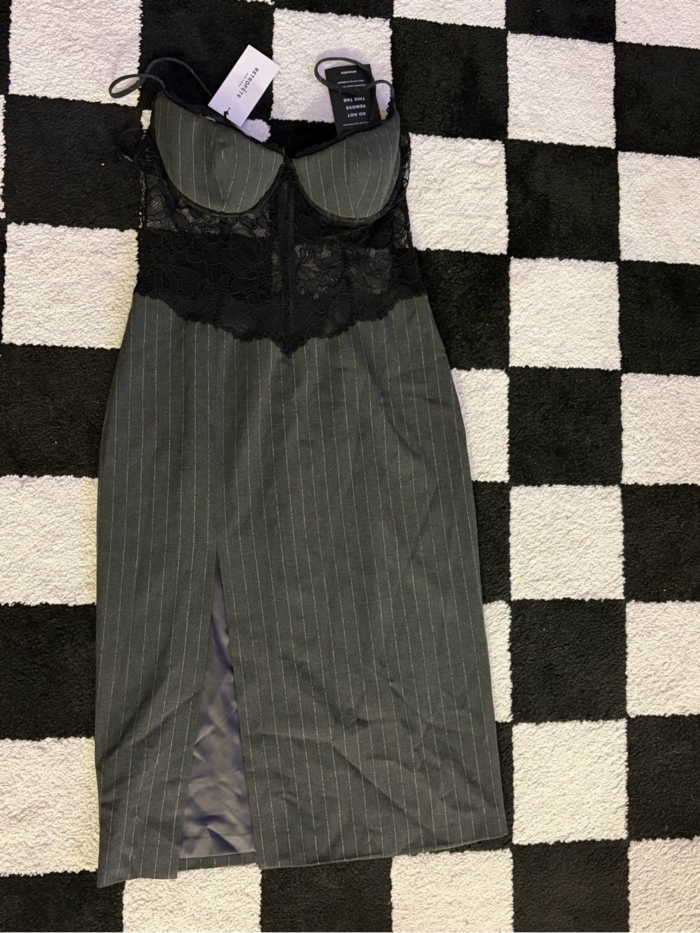 Retrofete Black Pinstripe Lace-Panel Midi Dress - Picture 2 of 2